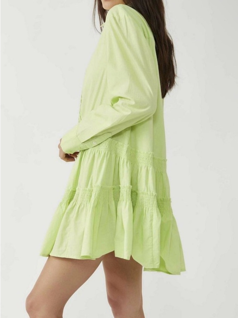 Free People Lime Green Tiered Long-Sleeve Mini Dress